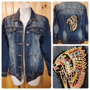 Delila Denim Jacket Chief Embroidered Studs Rhinestones Size L